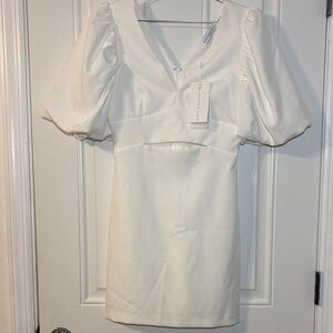 Endless Rose White Puff-Sleeve V-Neck Mini Dress